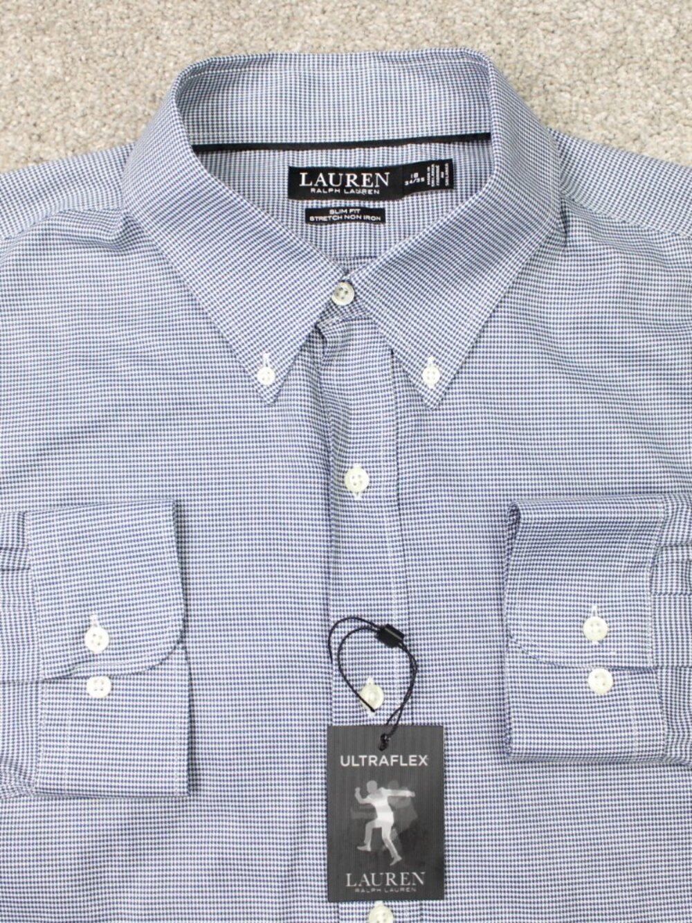 LAUREN Ralph Lauren NWT Mens 18, 34/35 Blue Slim Stretch Non-Iron Ultraflex L/S